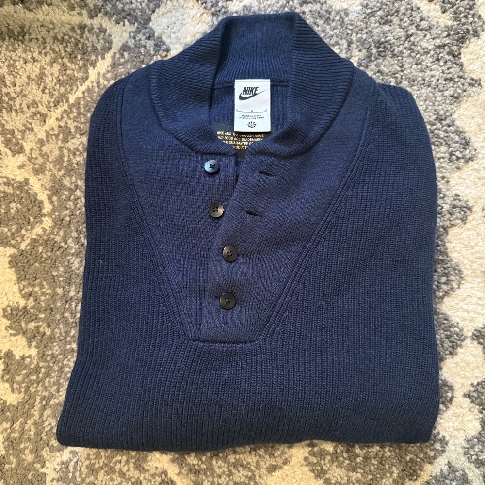 Nike Men’s Knit Sweater – Navy Blue Henley, Size L